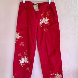 Cherry Red EmbroideredCargo Pants